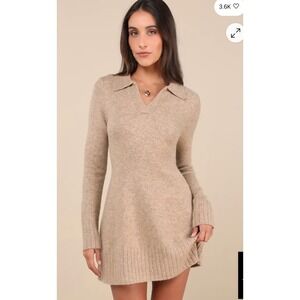 NWT Lulus Soft Serenity Heather Taupe Collared Sweater Mini‎ Dress